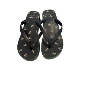 Tory Burch‎ Floral Flip Flops Sandals Black Flowers